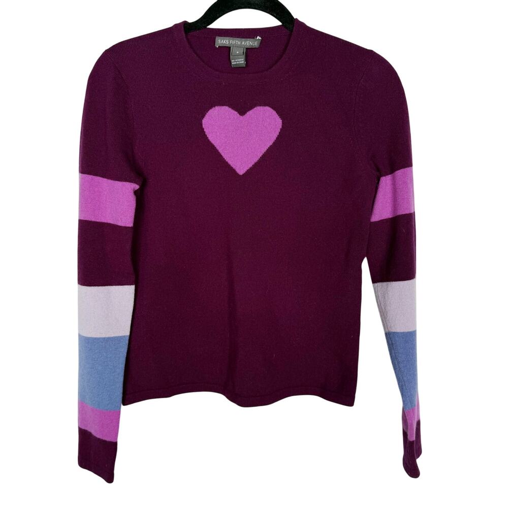 Saks Fifth Avenue Womens Small Purple Heart Cashmere Sweater Striped Sleeve Crew